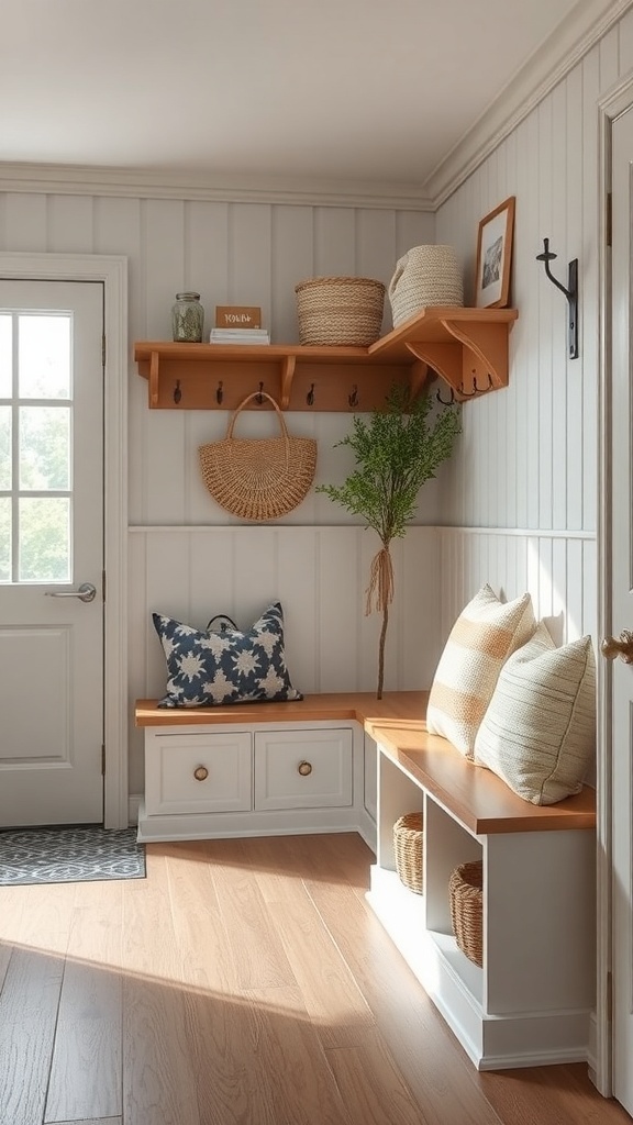 A modern mudroom featuring a bench, storage baskets, and wall hooks.