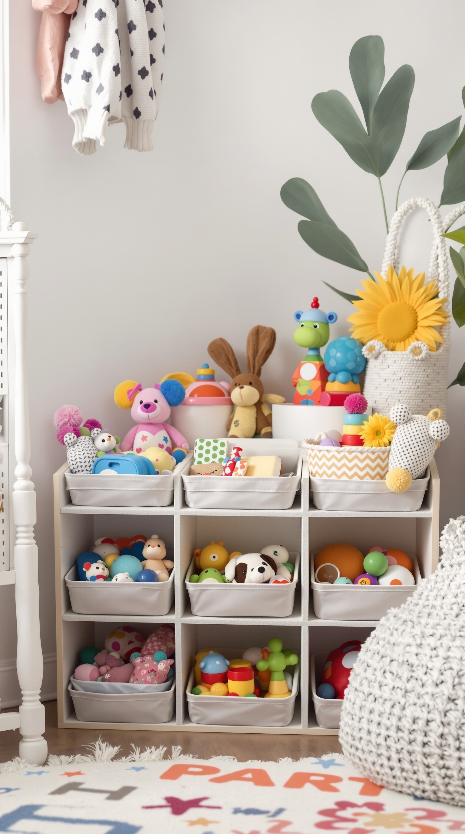 Colorful multi-compartment bins filled with various toys, organized neatly in a playroom.