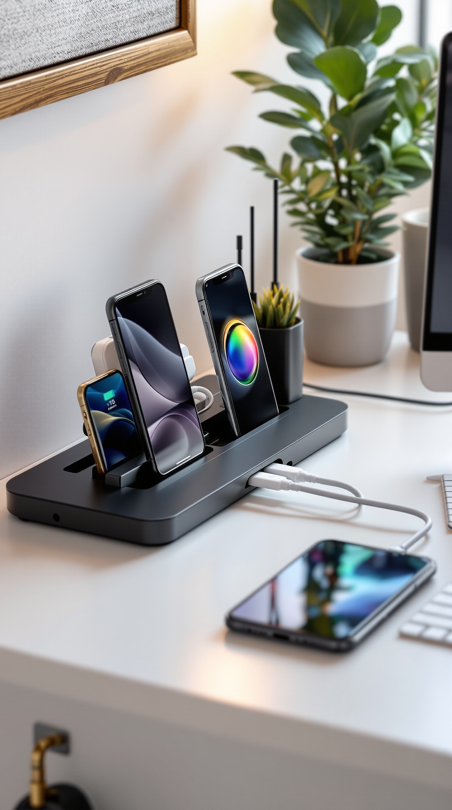 A modern multi-device charging hub with three smartphones charging on a desk.