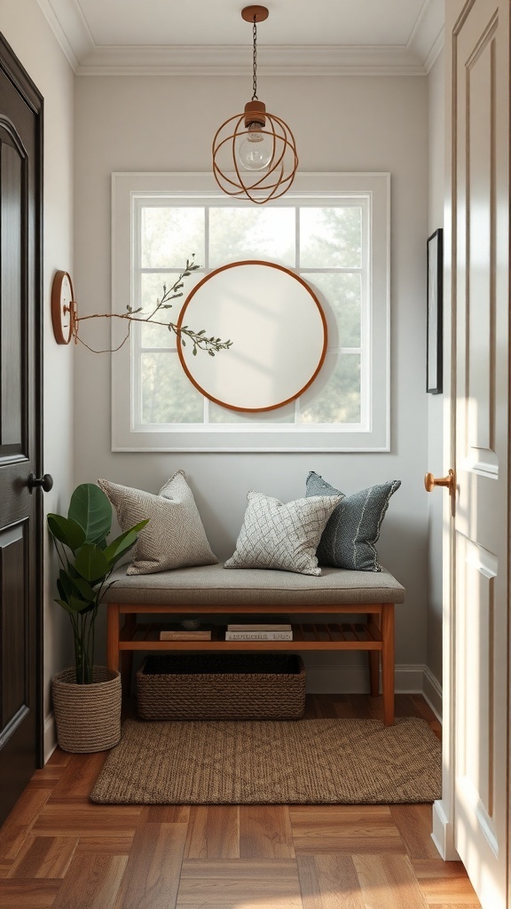A small foyer featuring a multi-functional bench with cushions, decorative pillows, a woven basket, and a plant.