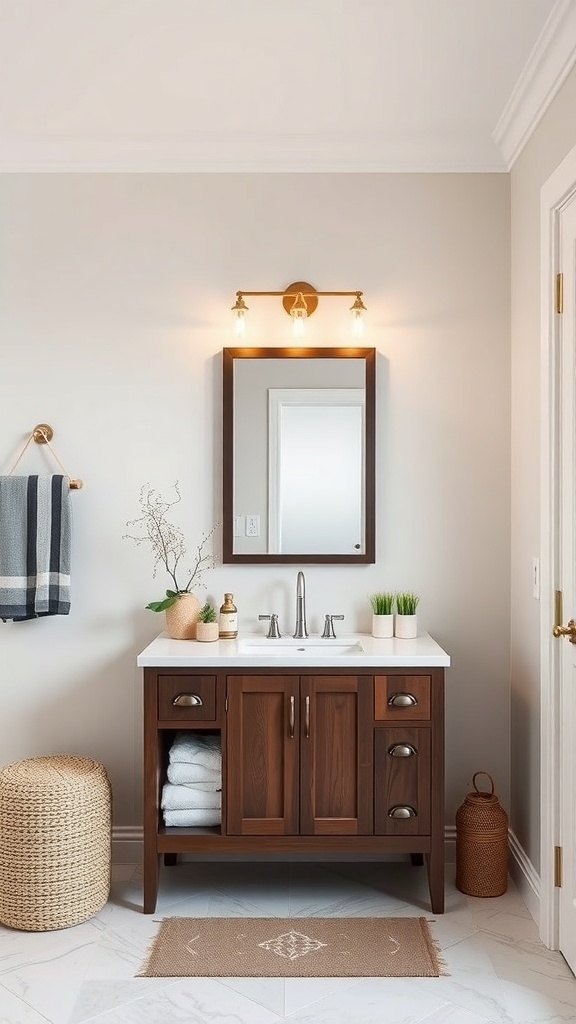 A stylish wooden bathroom cabinet with towels and decorative items on display.