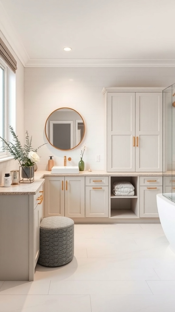 A modern bathroom featuring a multi-functional cabinet with light-colored cabinetry and gold handles, complemented by a round mirror and decorative items.