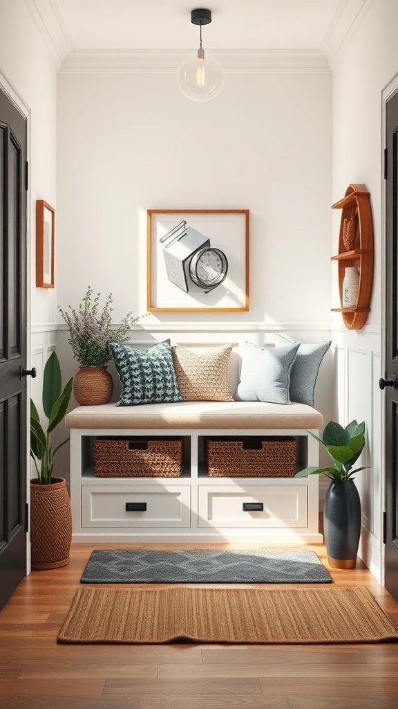 A cozy entryway with a multi-functional bench, storage baskets, and decorative pillows.