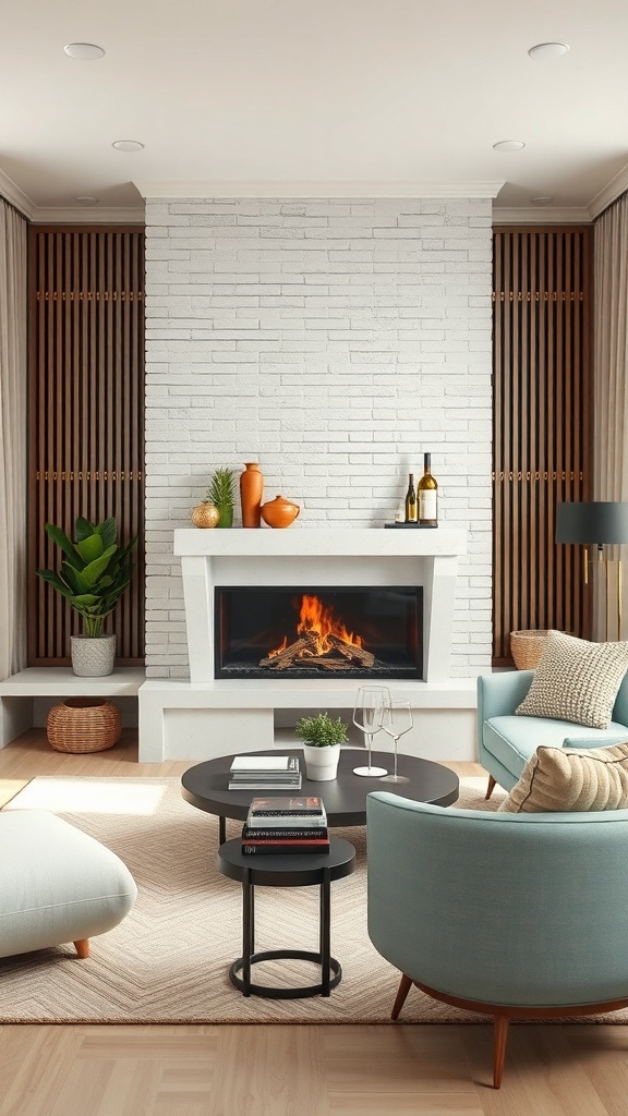 A modern living room featuring a stylish fireplace with a glass front, surrounded by comfortable seating and decorative elements.