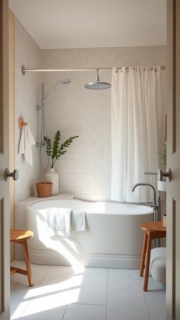 A small bathroom featuring a shower over a bathtub, light-colored tiles, and minimalistic decor.