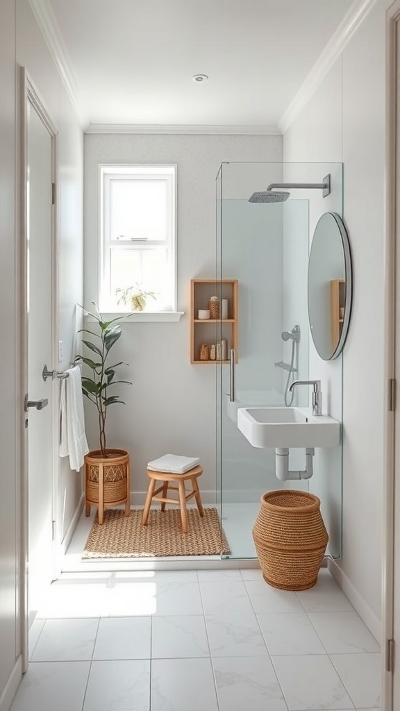 Compact bathroom showcasing multi-functional fixtures like a wall-mounted sink and space-saving storage.