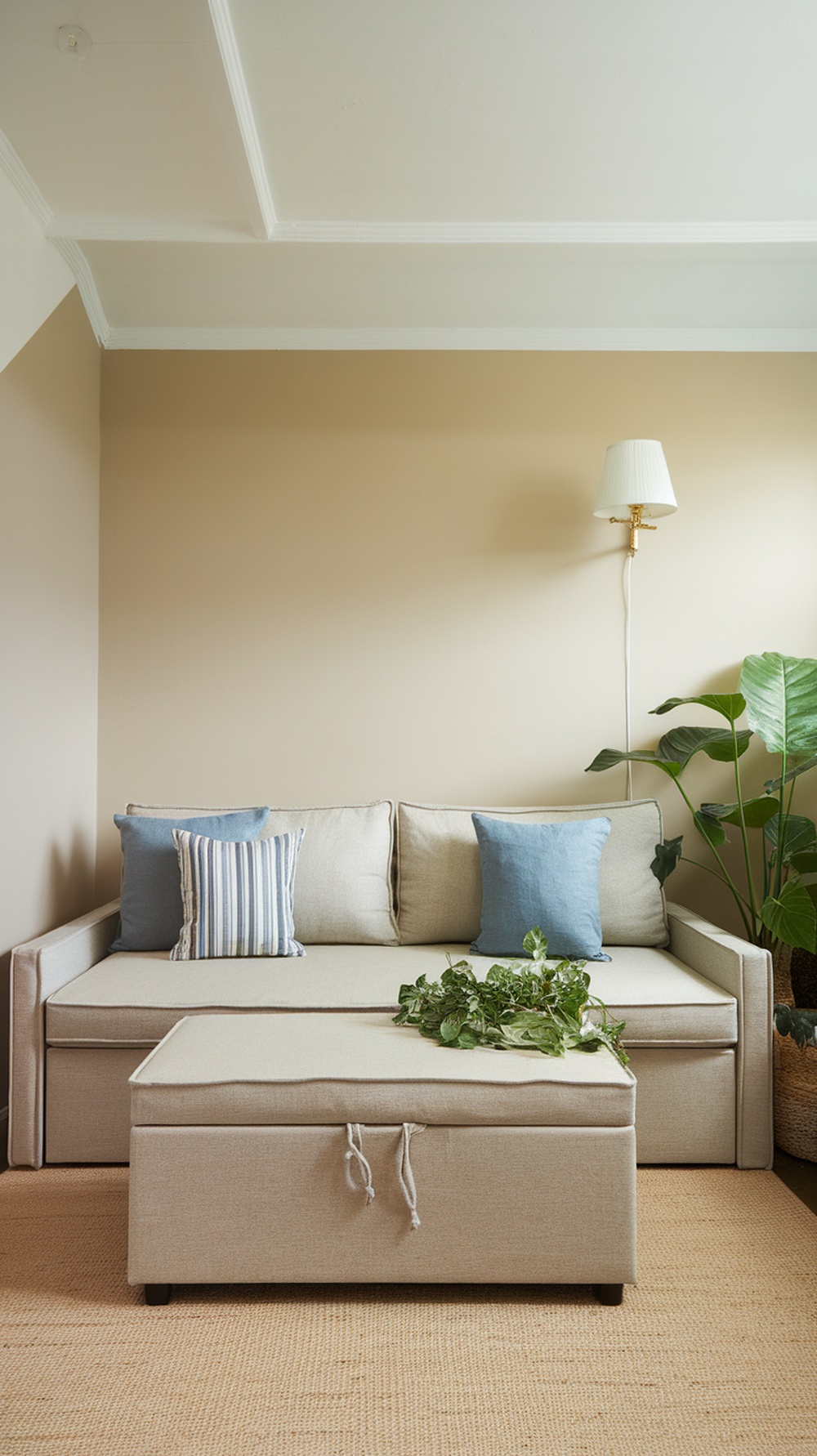 Cozy sofa with decorative pillows and a storage ottoman in a small room
