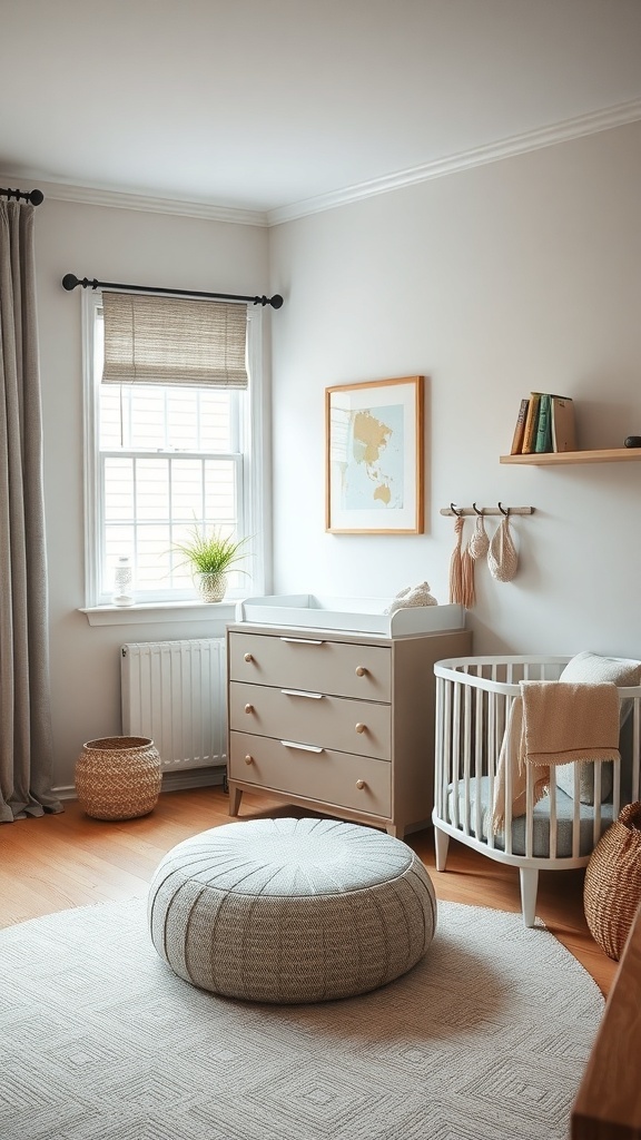 A small nursery featuring a changing table, crib, pouf, and natural decor.