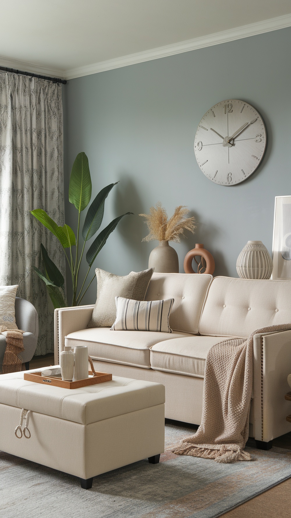 A cozy living area featuring a light-colored sofa, an ottoman, decorative plants, and a wall clock.
