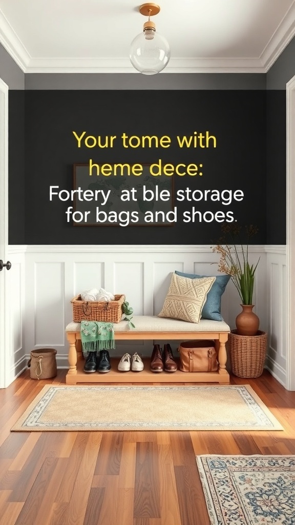 A cozy foyer with a storage bench, decorative pillows, and baskets for organization.
