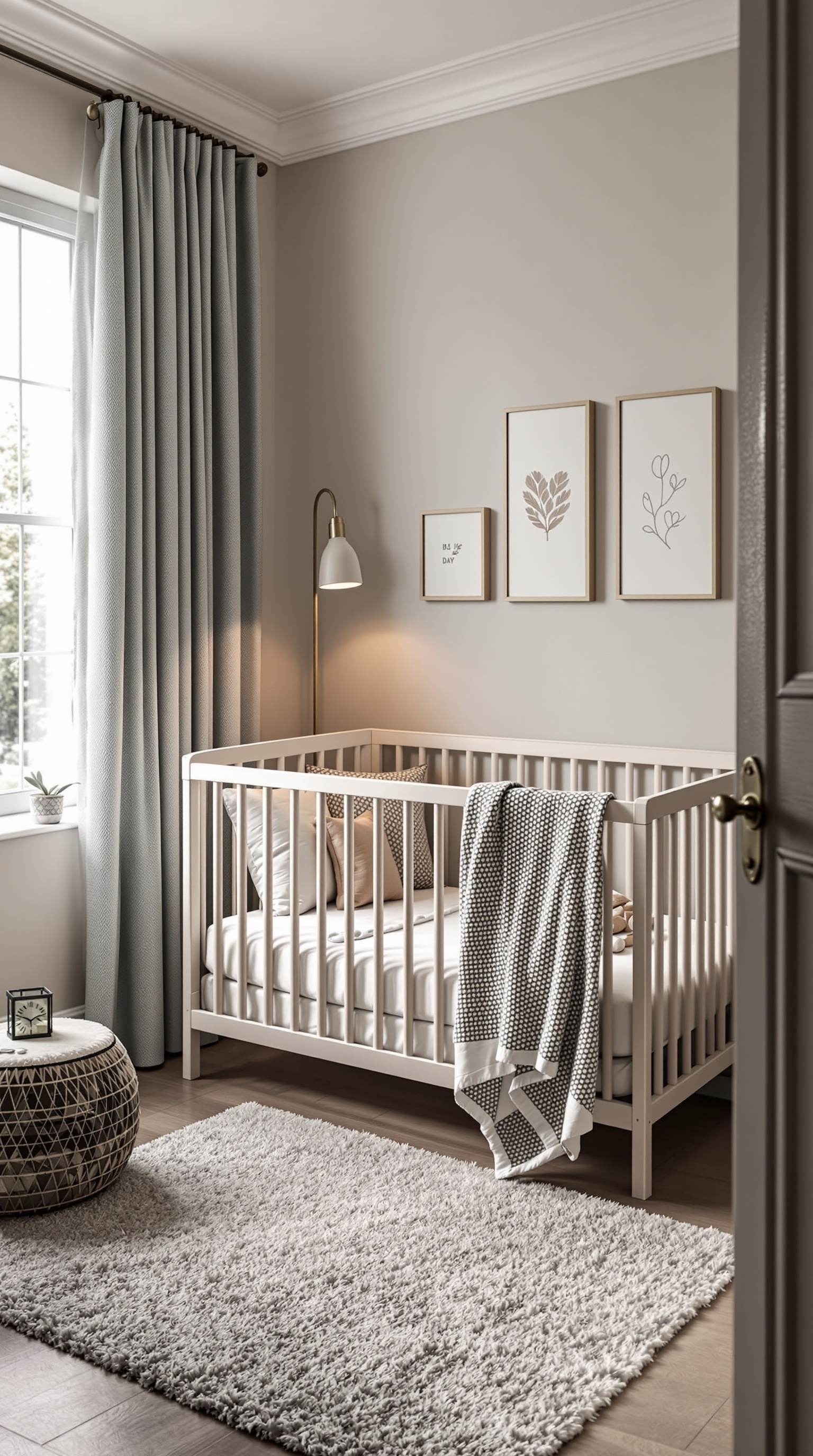 A cozy baby room featuring a crib, soft rug, round ottoman, and wall art.