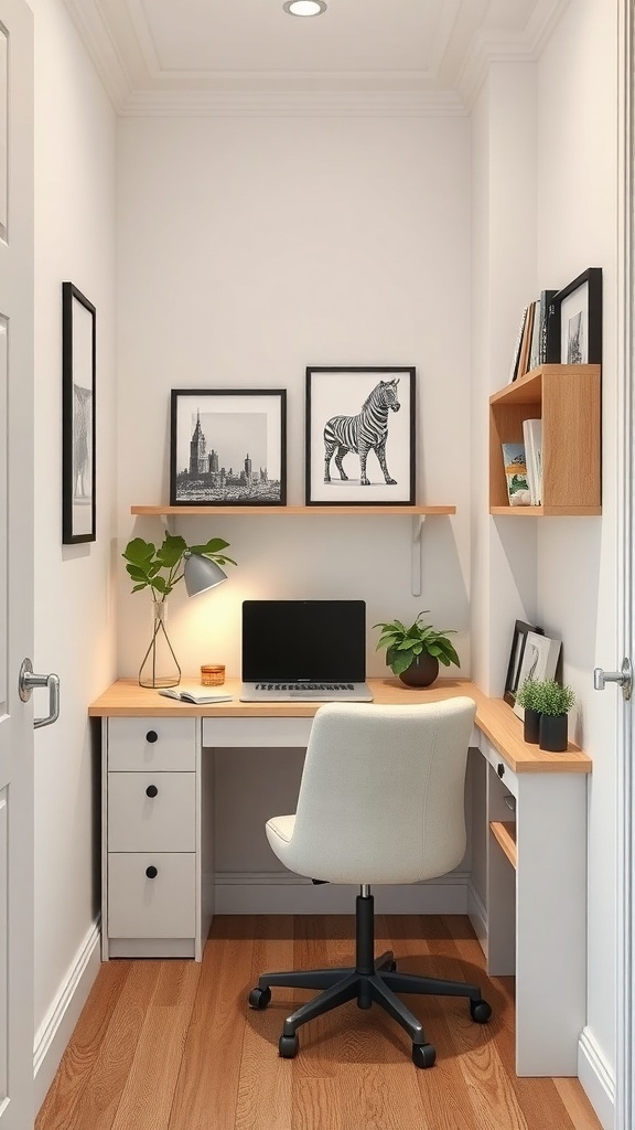 A narrow home office featuring a compact desk, comfortable chair, and decorative shelves.