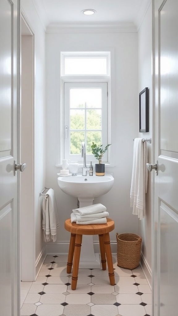 A narrow bathroom featuring a sink, wooden stool, and decorative elements.