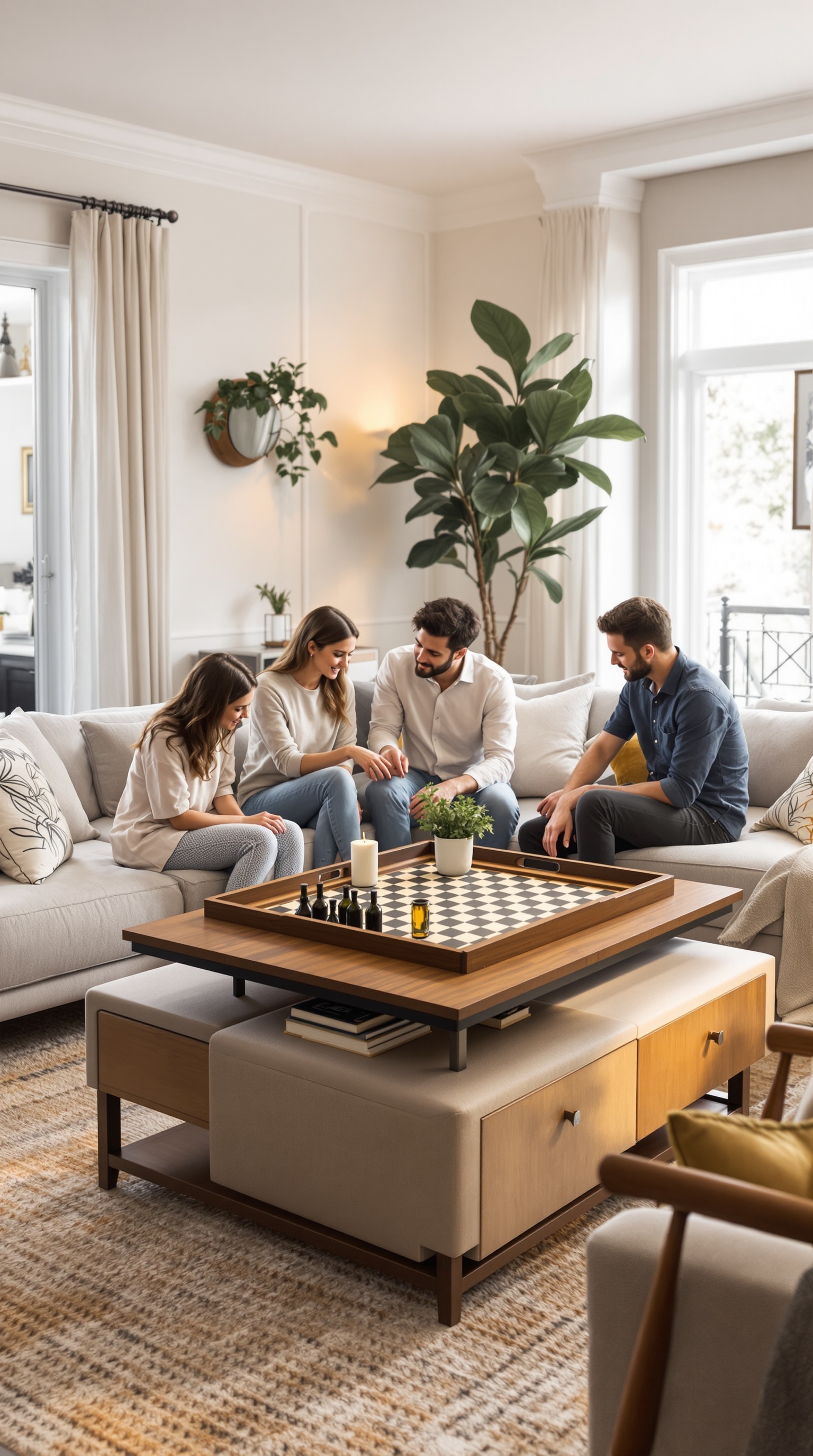 A family enjoying time together in a living room with a multi-functional coffee table and comfortable seating.