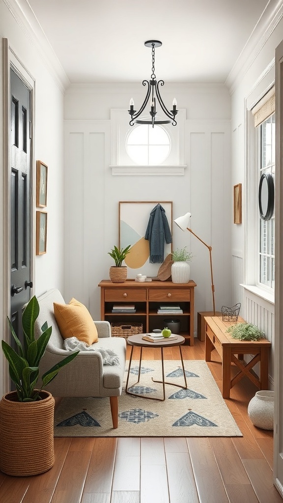 Cozy small entryway with multi-functional furniture, including a sofa, console table, and plants.