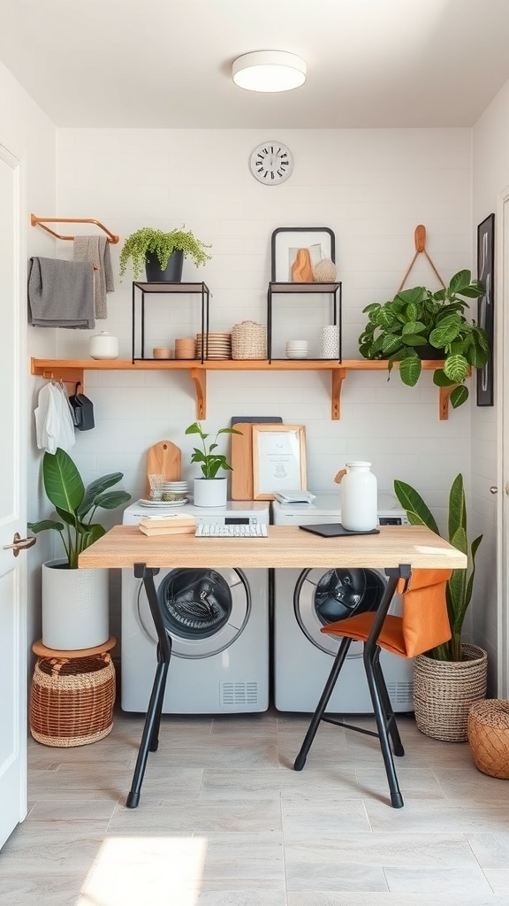 A small utility room featuring a desk in front of washing machines, shelves with plants, and organized storage.