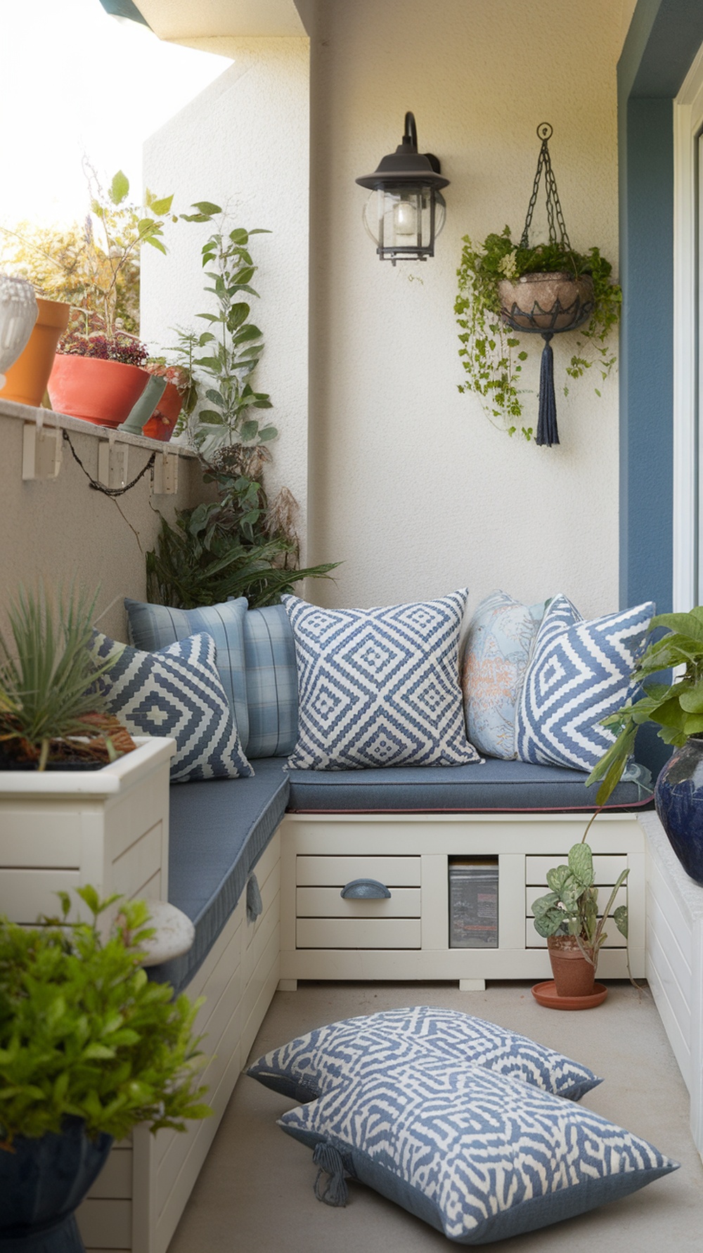 Cozy patio with built-in seating, cushions, and plants