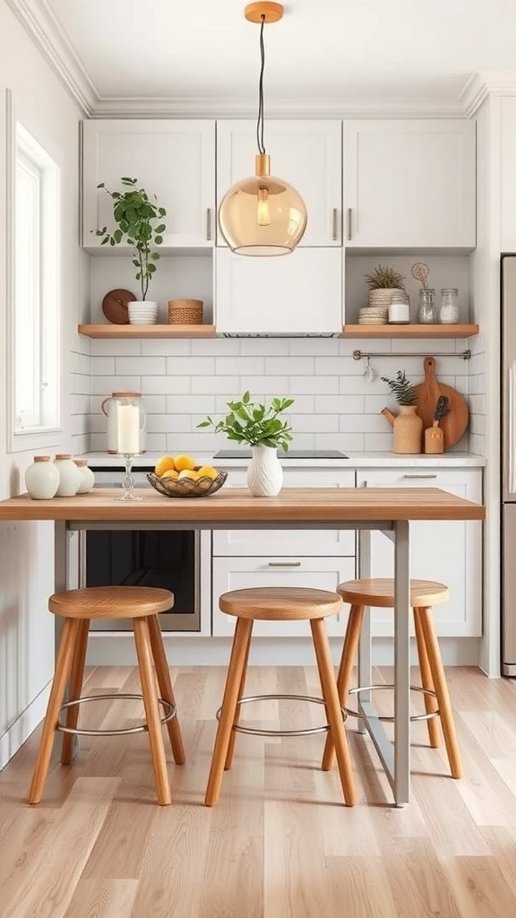 A small apartment kitchen featuring a multi-functional table with stools, wooden shelves, and modern lighting.