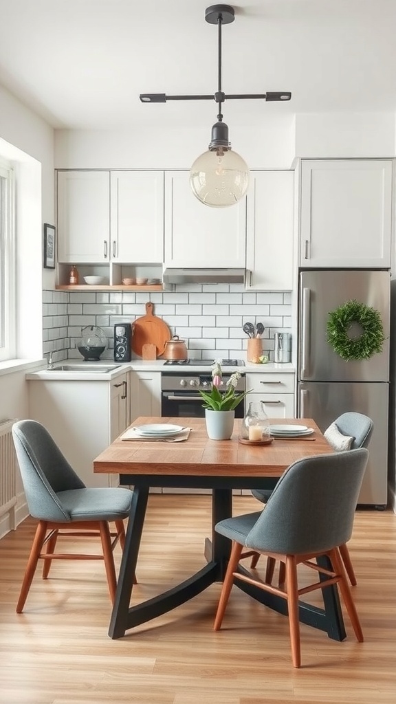 A small kitchen featuring a wooden table with gray chairs, bright lighting, and a clean design.