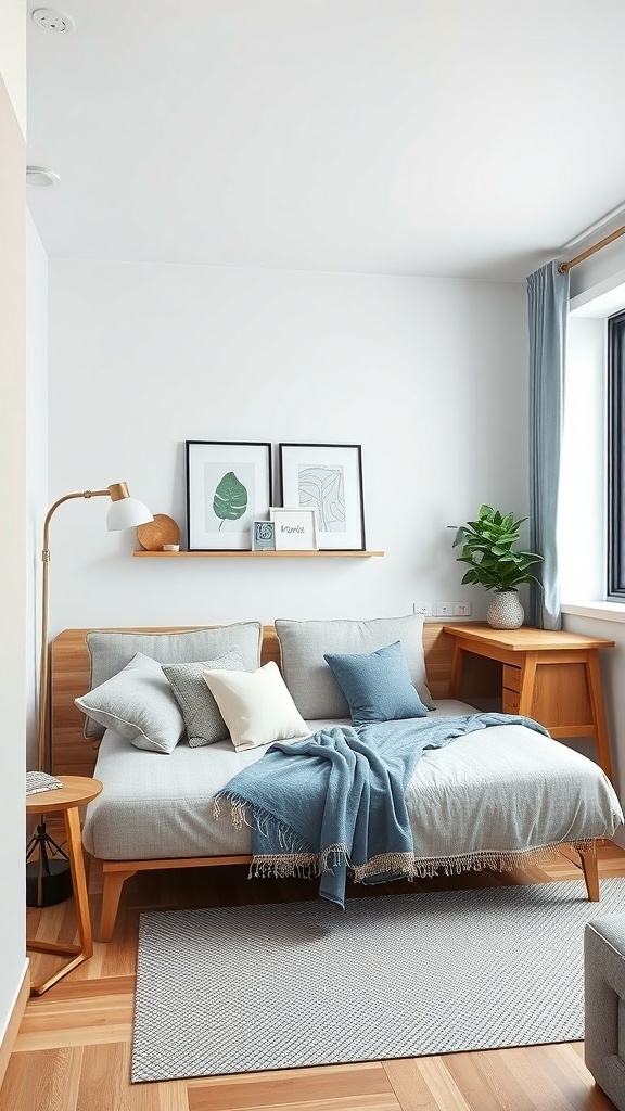A small bedroom featuring a multi-functional bed that serves as both a sofa and a sleeping area, with stylish decor and storage solutions.