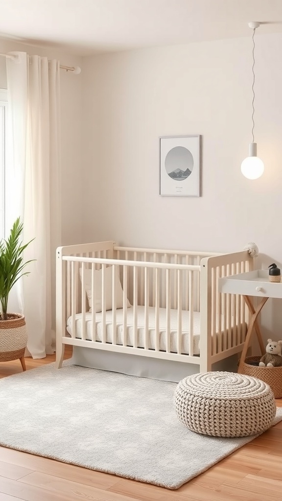 A small nursery with a crib, side table, pouf, and plant, showcasing multi-functional furniture.