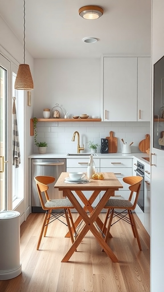 A small kitchen featuring a foldable wooden table with two chairs, bright lighting, and open shelving.