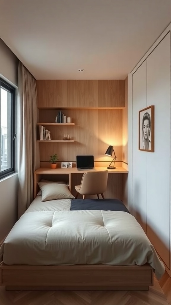 A small bedroom featuring a bed with storage underneath, a desk area with a chair, and warm wood accents.