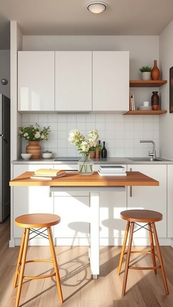 A small kitchen featuring a compact table and two stools, with open shelving and light wood accents.