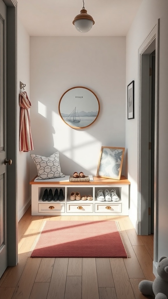 A small, bright entryway featuring a storage bench, shoes neatly organized, and decorative elements.
