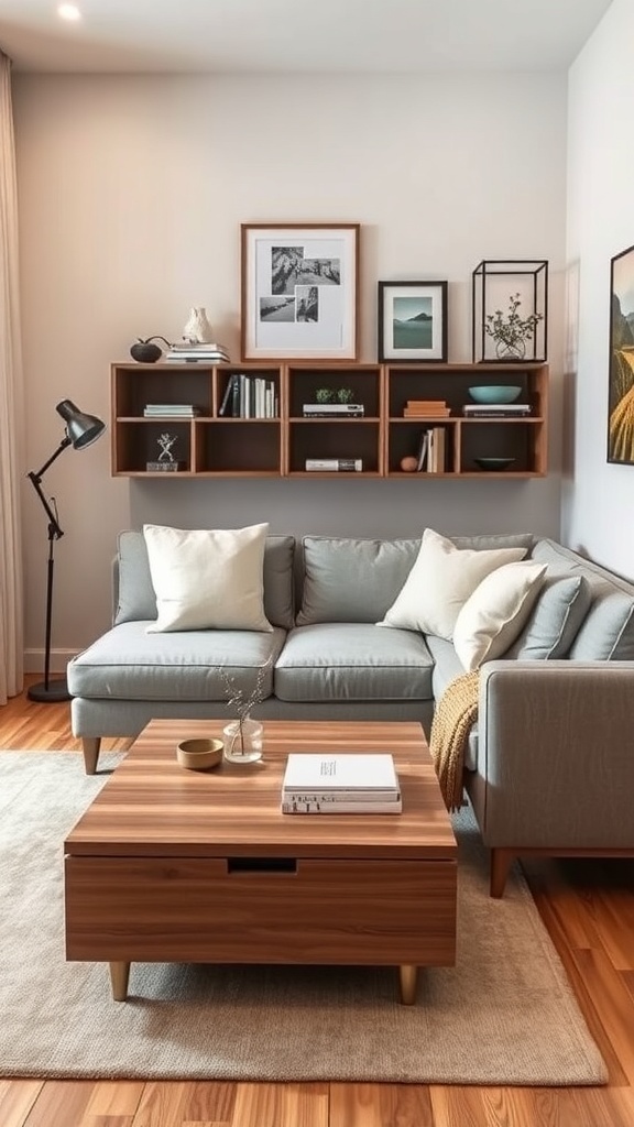 Cozy living area with a multi-functional sofa and a storage coffee table.