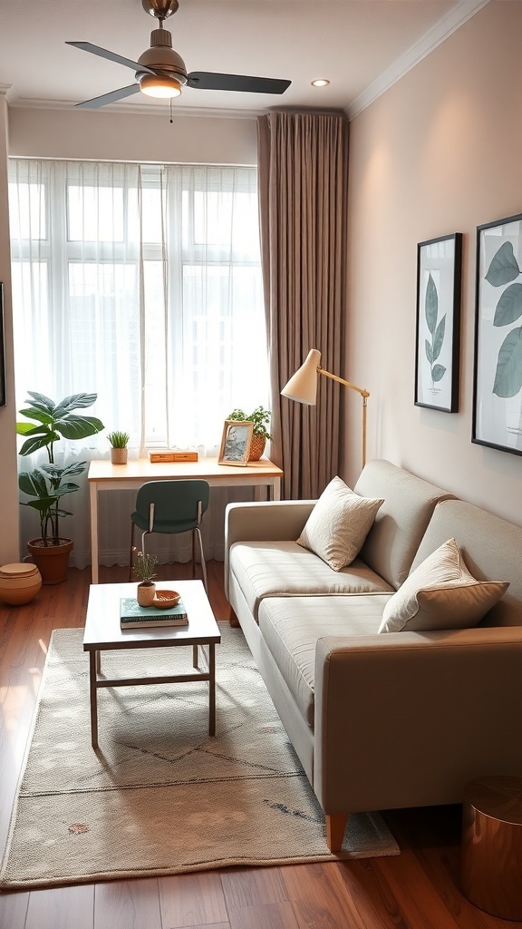 A small room featuring a multi-functional sofa, coffee table, and desk with a chair, complemented by plants and decorative elements.