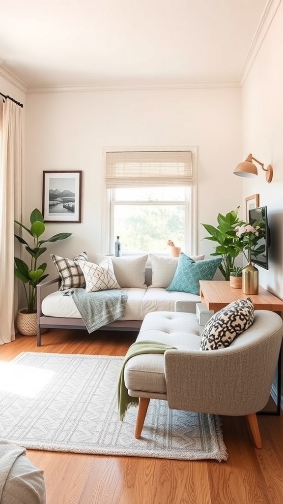 A small guest bedroom featuring a multi-functional sofa, decorative pillows, a side table, and plants.