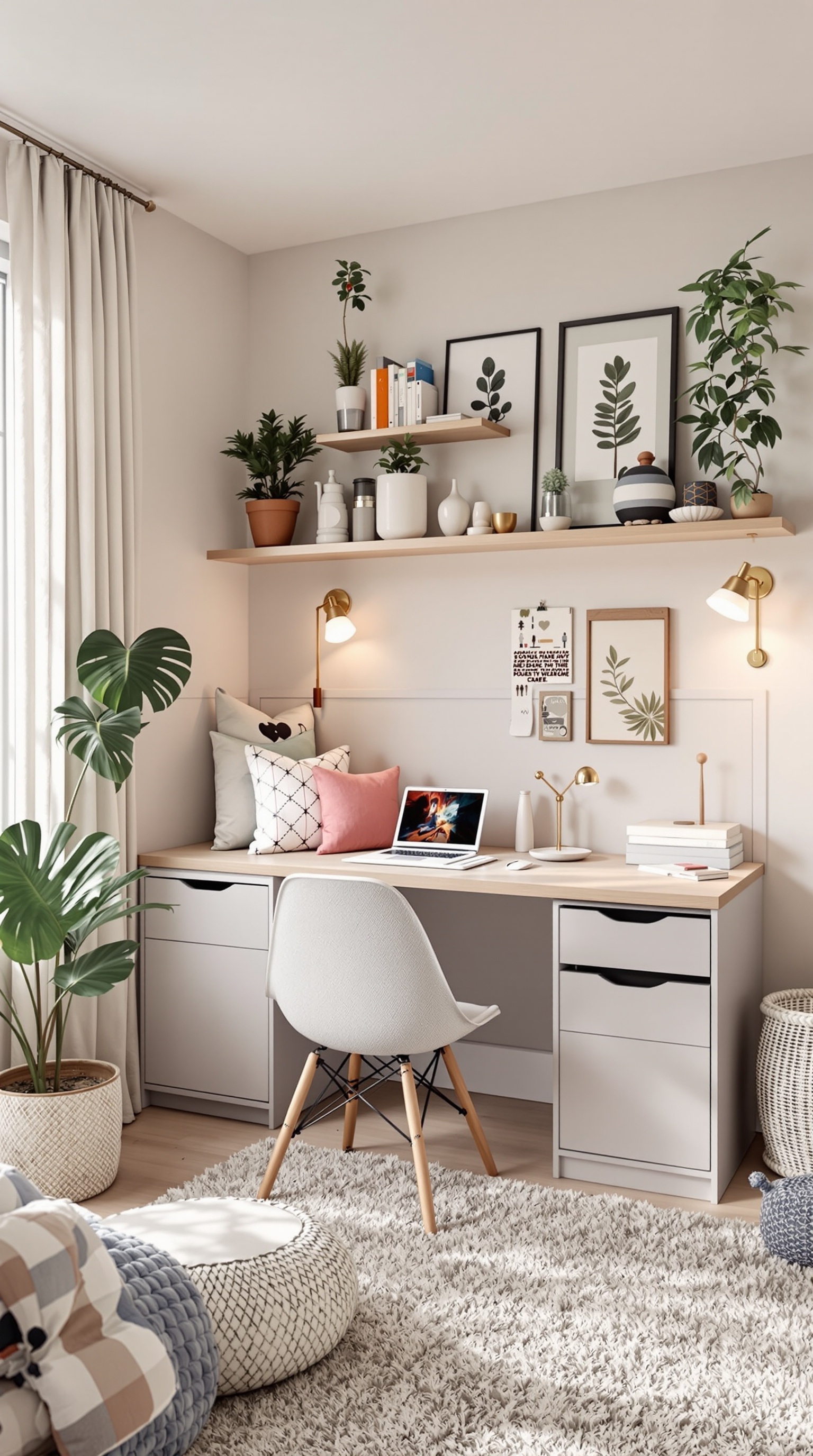 A modern kids' bedroom featuring a stylish desk with storage, a cozy chair, and decorative plants.