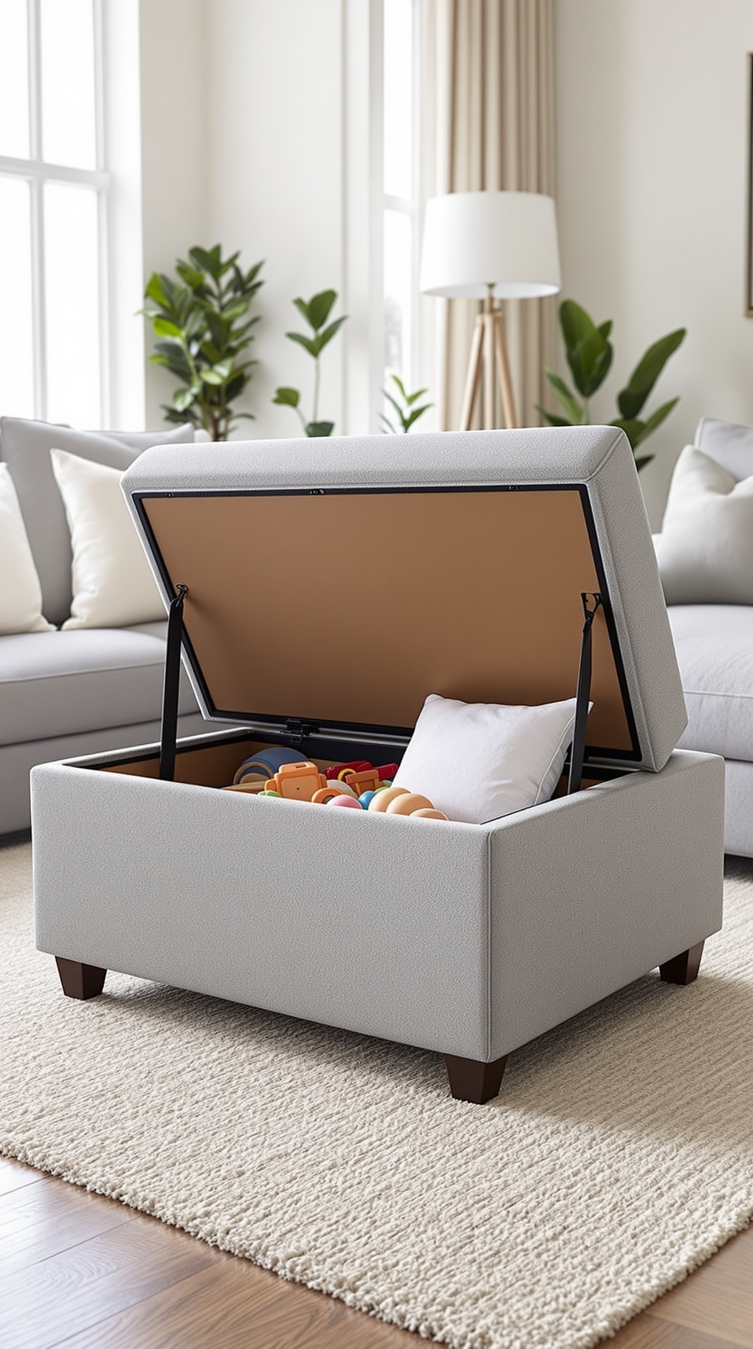 A stylish storage ottoman with toys inside, placed in a cozy living room.
