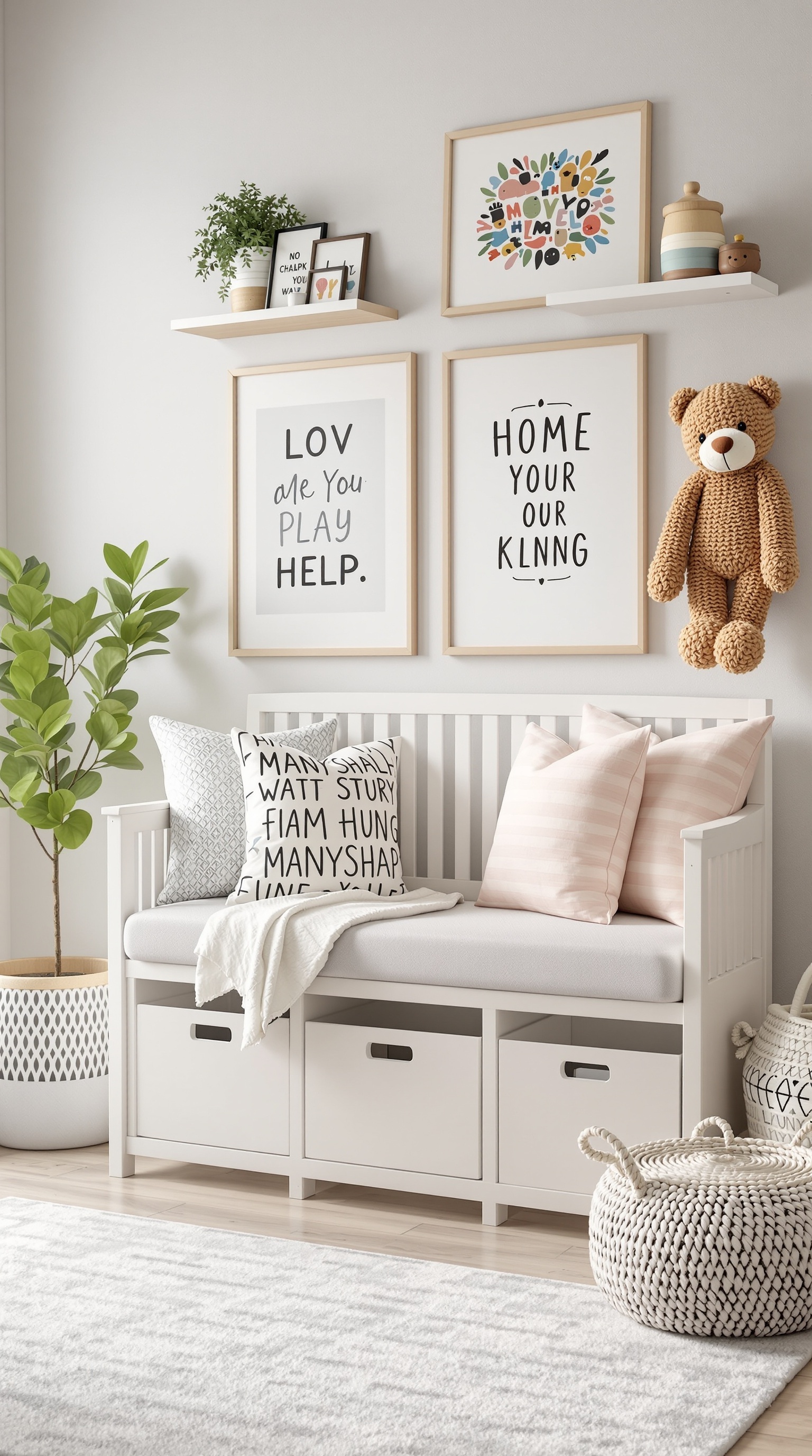 A cozy playroom featuring a multi-functional bench with storage, decorative wall art, and a plant.