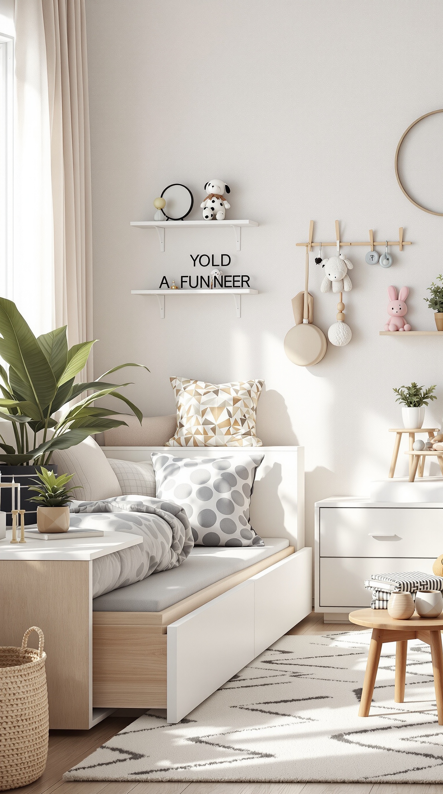 A bright toddler bedroom featuring multi-functional furniture, including a bed with storage, playful decor, and accessible shelves.