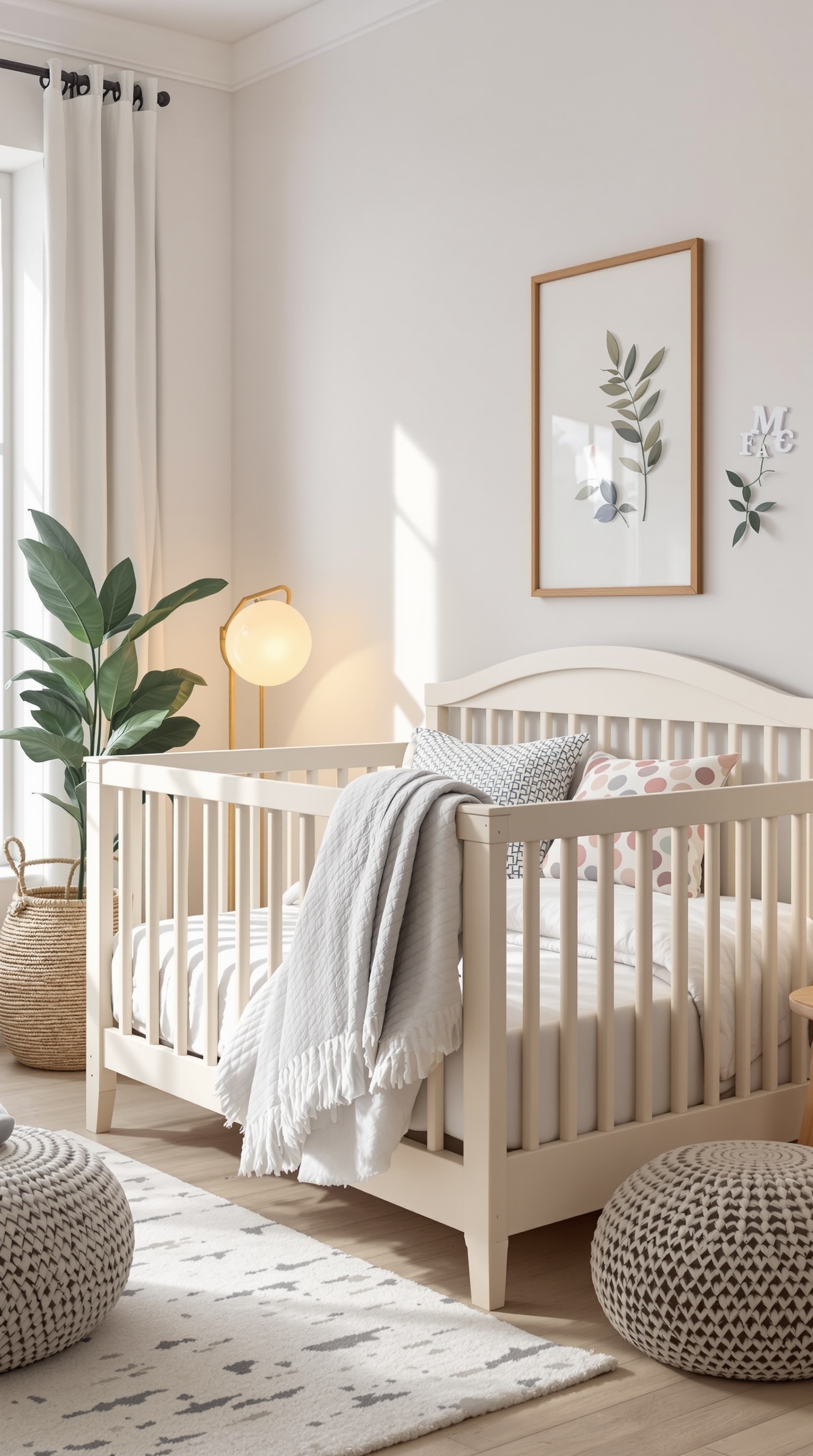 A beautifully designed baby room featuring a crib, poufs, and a stylish lamp.