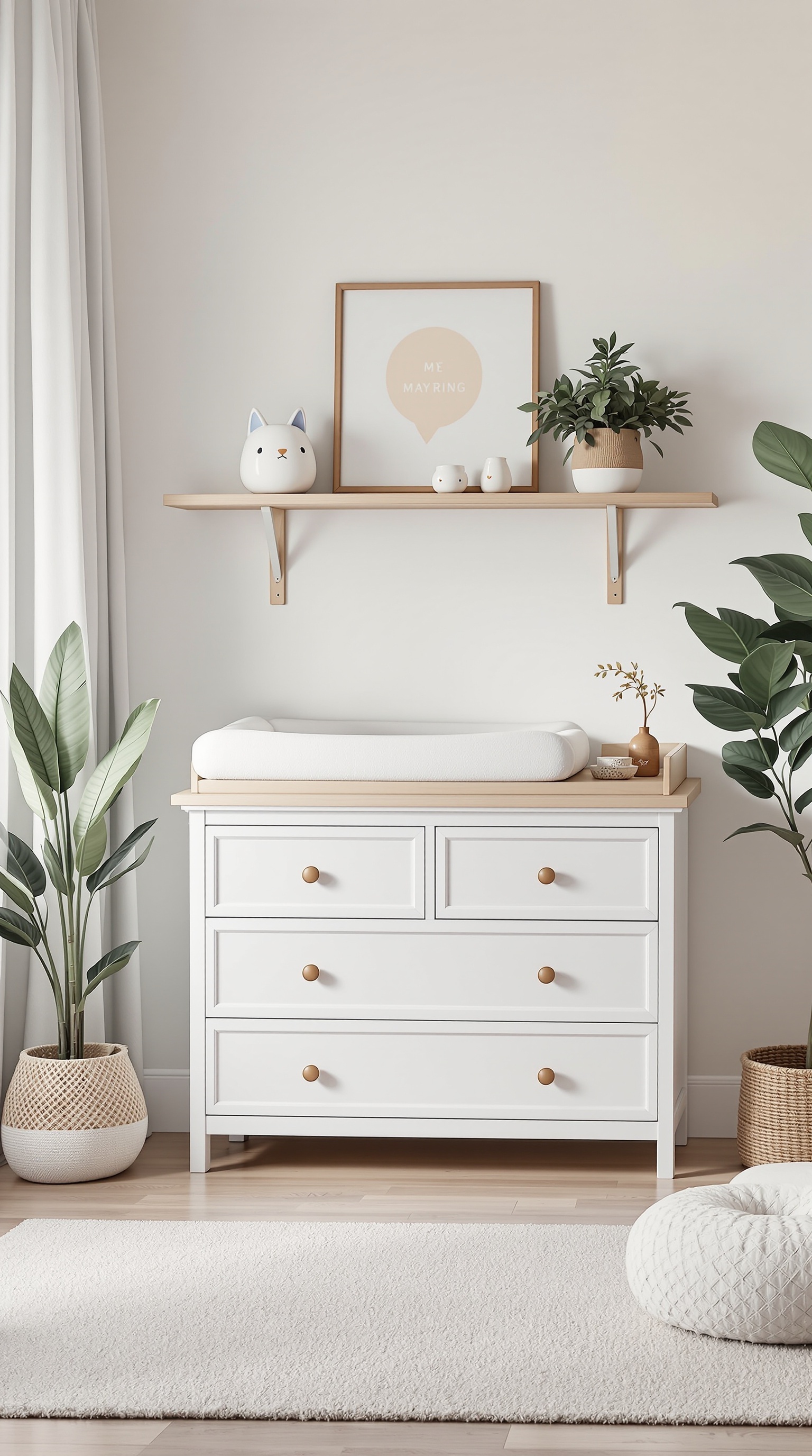 A stylish nursery with a multi-functional dresser that serves as a changing table, featuring decorative items on a wall shelf.