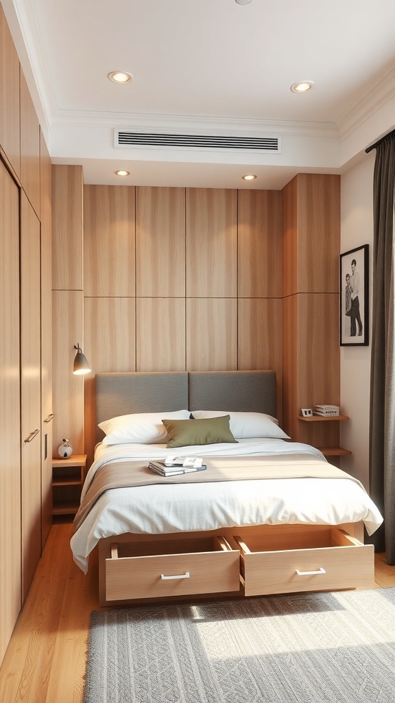 A small bedroom featuring a bed with storage drawers underneath and a nightstand that doubles as a shelf.