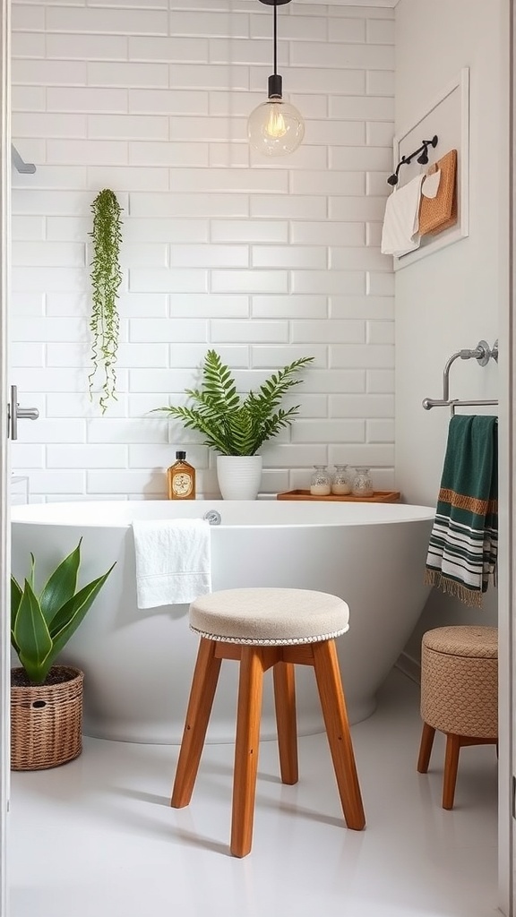 A stylish small bathroom featuring a wooden stool, plants, and a modern bathtub.