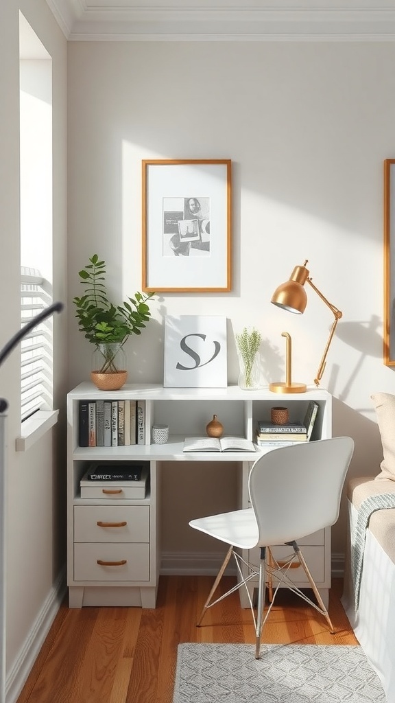 A small, stylish desk setup with shelves, a chair, and decorative elements, showcasing multi-functional furniture.