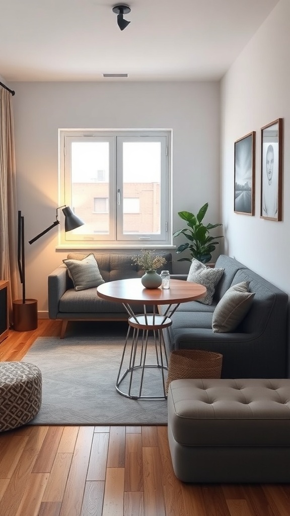 Cozy living area in a tiny studio apartment with multi-functional furniture.