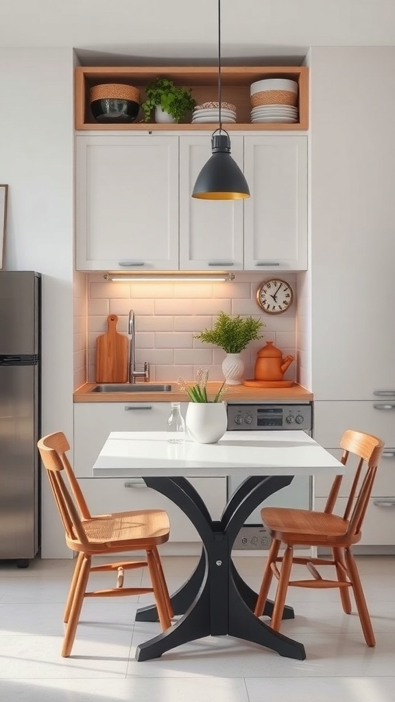 A cozy small kitchen featuring a compact table and chairs, with shelves above the cabinets for storage.