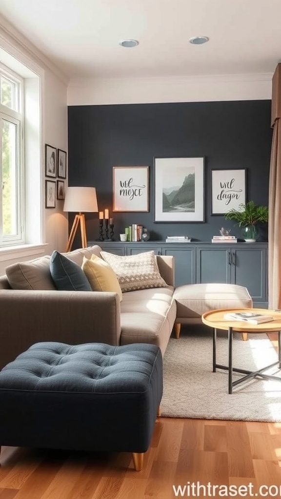 A cozy living room featuring a multi-functional sofa, ottoman, and stylish storage unit.