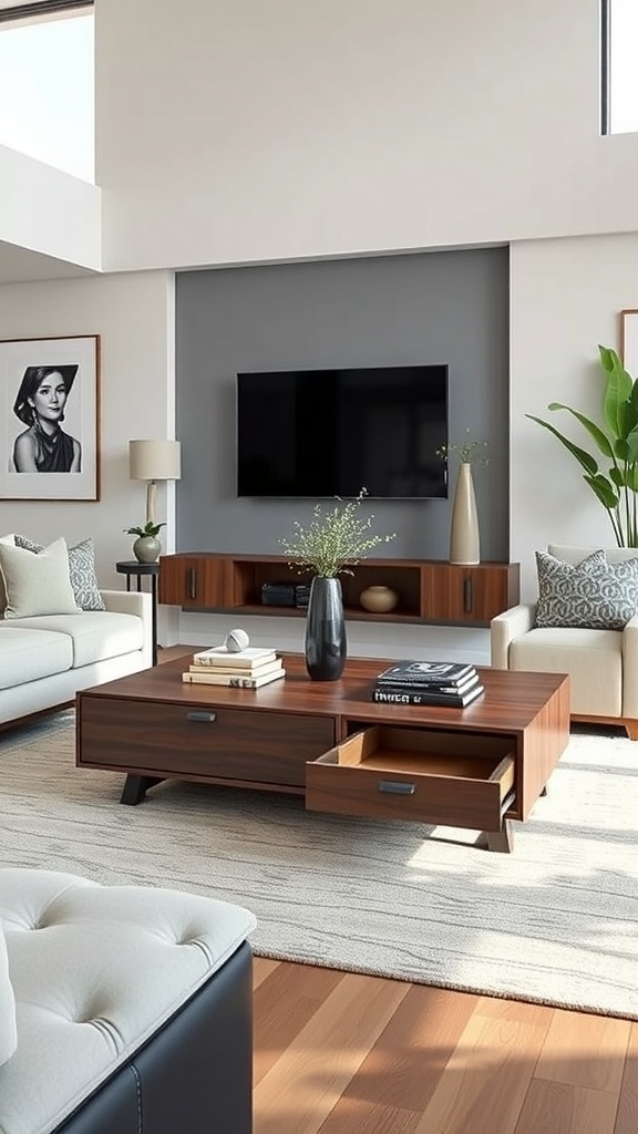 A stylish living room with a coffee table that has storage drawers, showcasing a cozy and organized space.