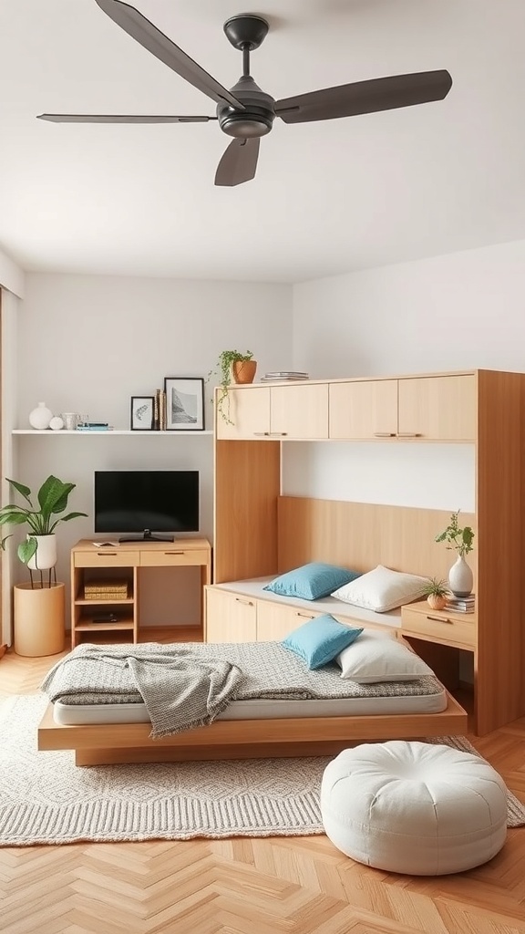 A modern teen boy bedroom featuring multi-functional furniture, including a low-profile bed, a cozy seating area, and a small desk.
