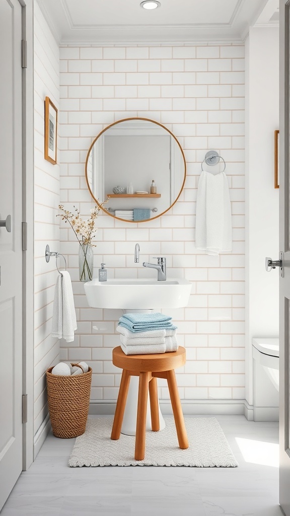 A small bathroom featuring a wooden stool with stacked towels, a round mirror, and a woven basket for storage.