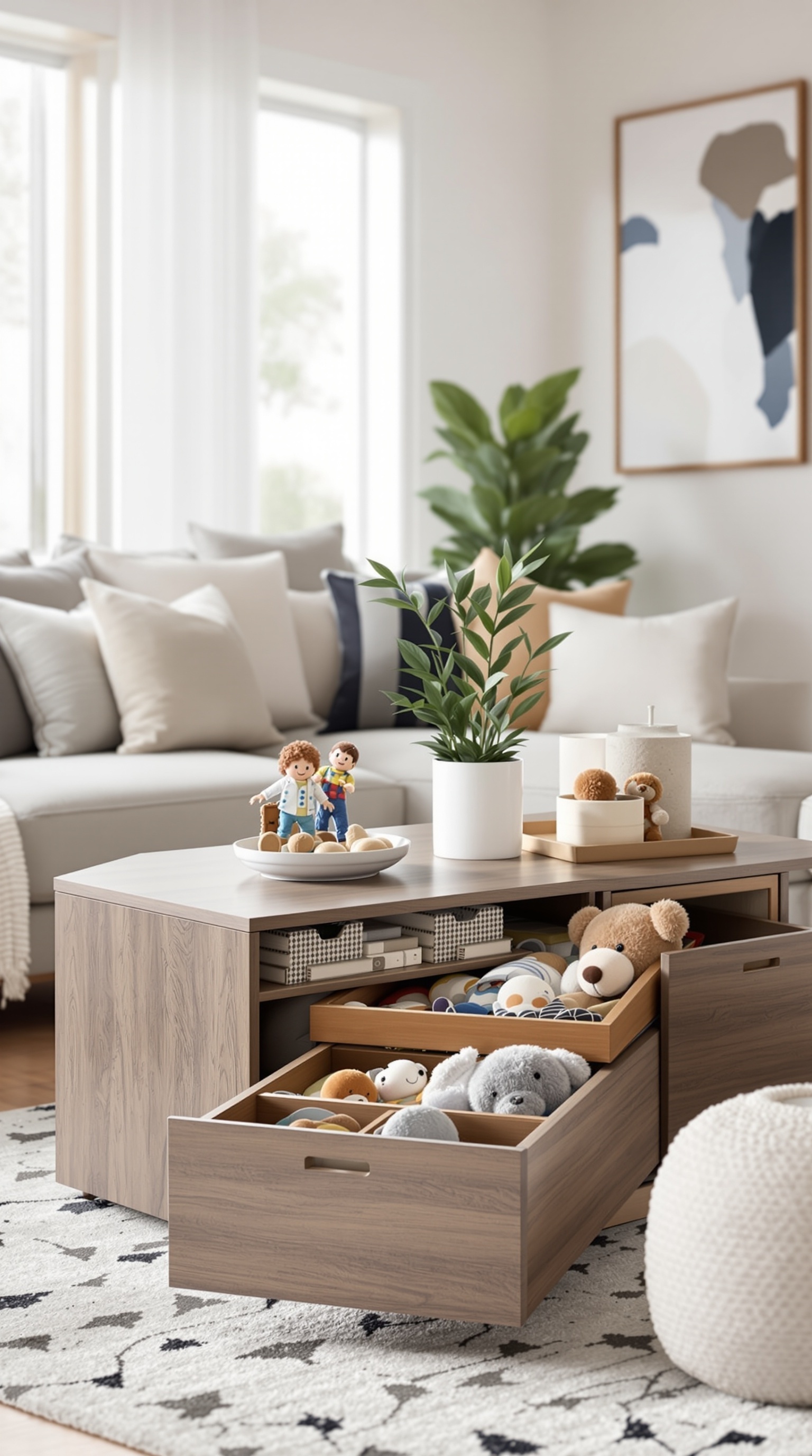 A stylish coffee table with hidden storage, featuring toys and decorative items on top.