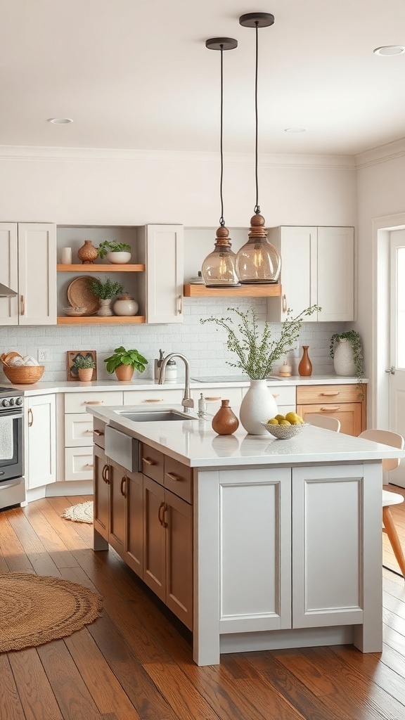 A modern small kitchen island with a white countertop and wooden cabinetry, surrounded by a cozy kitchen setting.