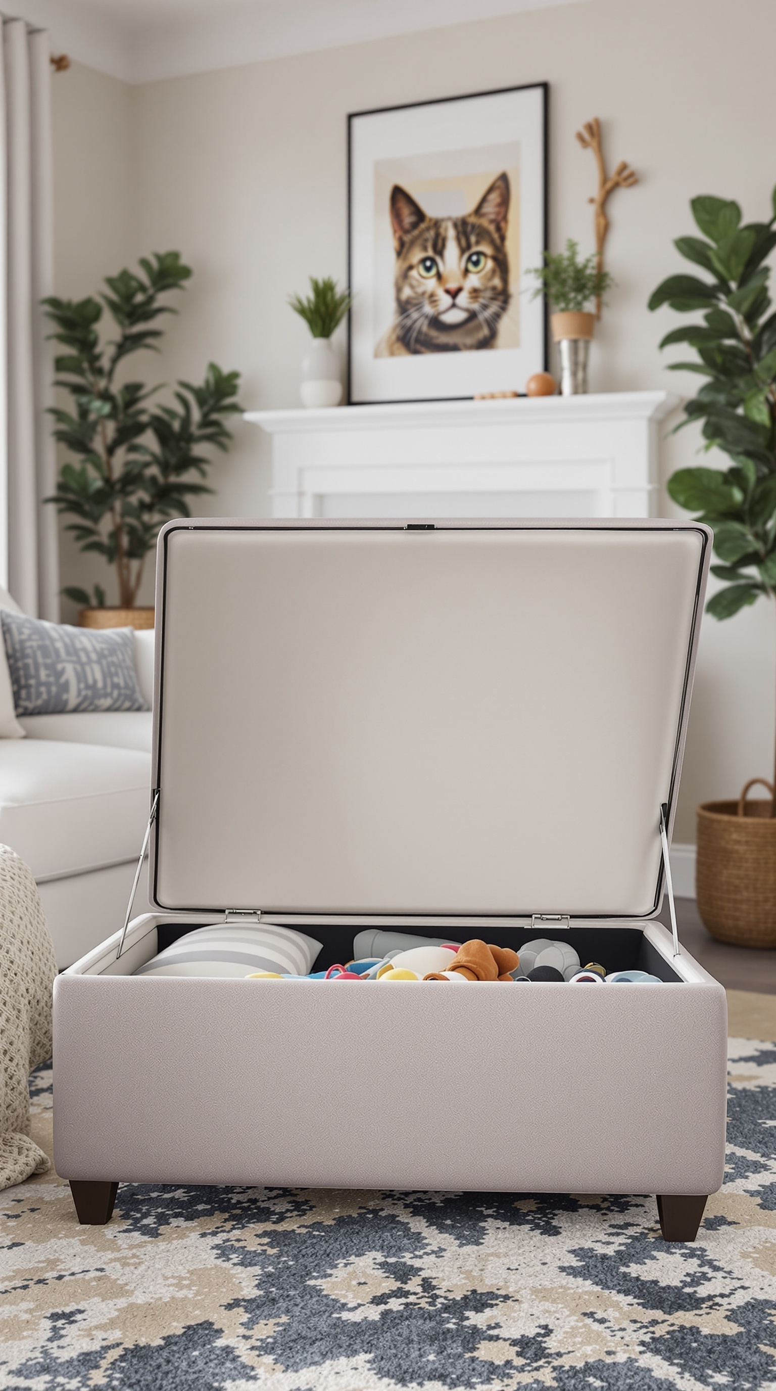 A multi-functional ottoman with toys inside, set in a cozy living room.